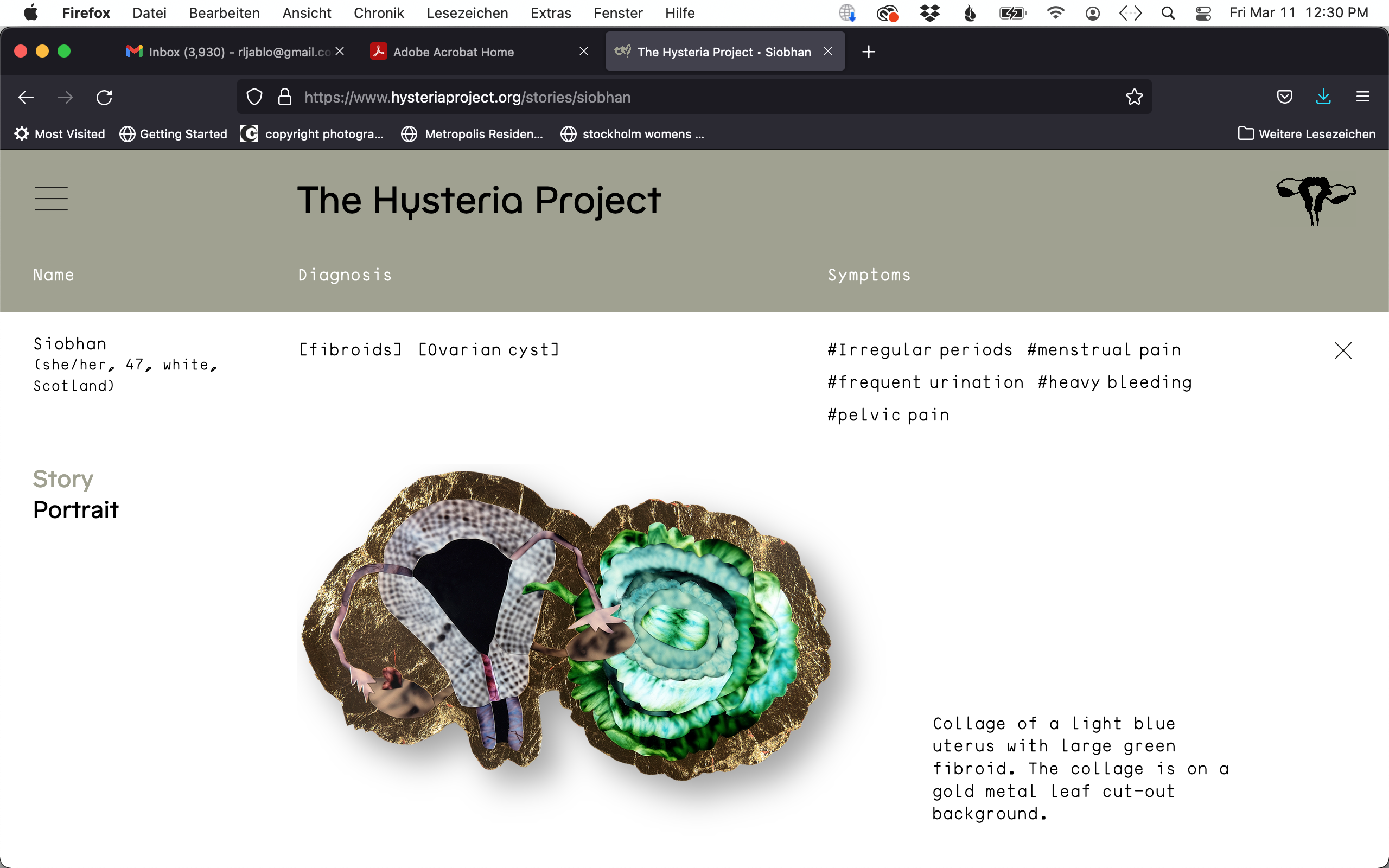 Alle Bilder sind Bildschirmfotos von hysteriaproject.org, erstellt von Rachael Jablo, Webdesign von Lucie Ducrey und Laura Piccolo. Ansicht der Geschichte: Siobhan